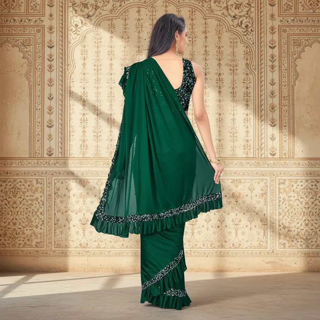 Women's Lycra Solid Saree With Unstitched Blouse (Green, 5.5 Mtr) Kashvii