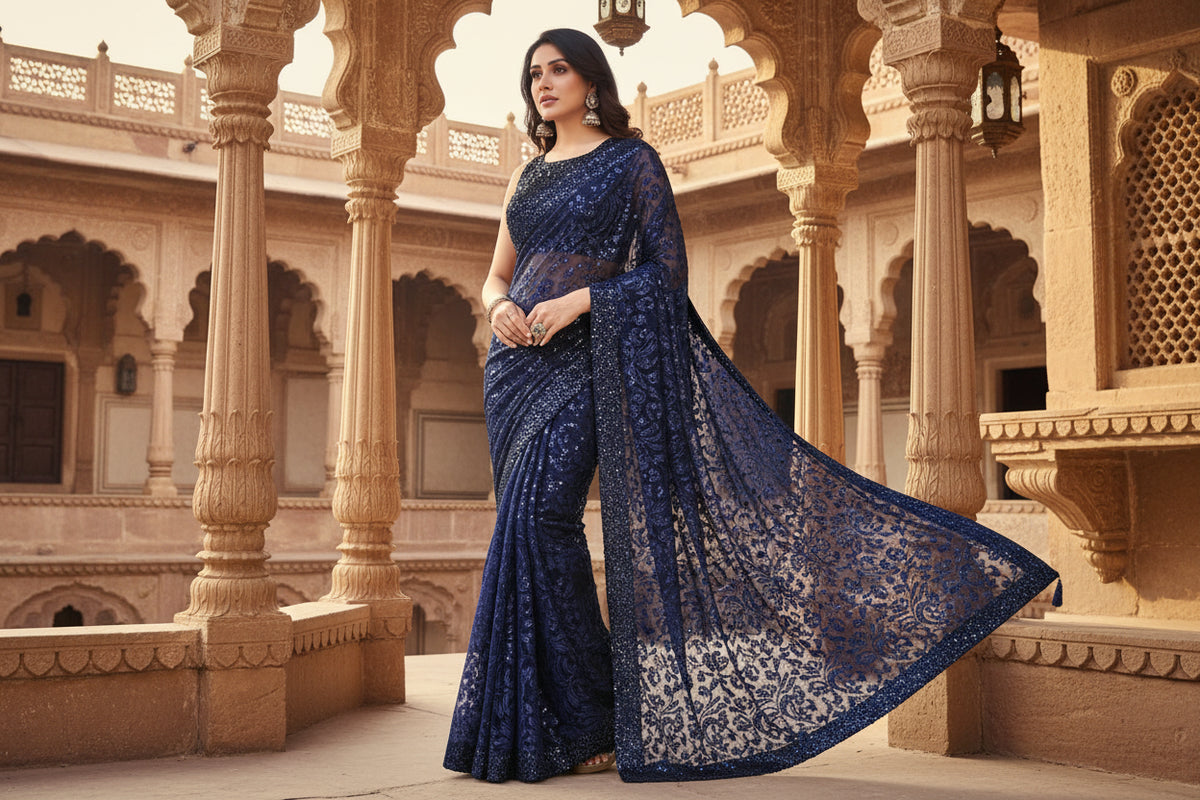 Women's lycra floral saree with unstitched blouse (blue, 5