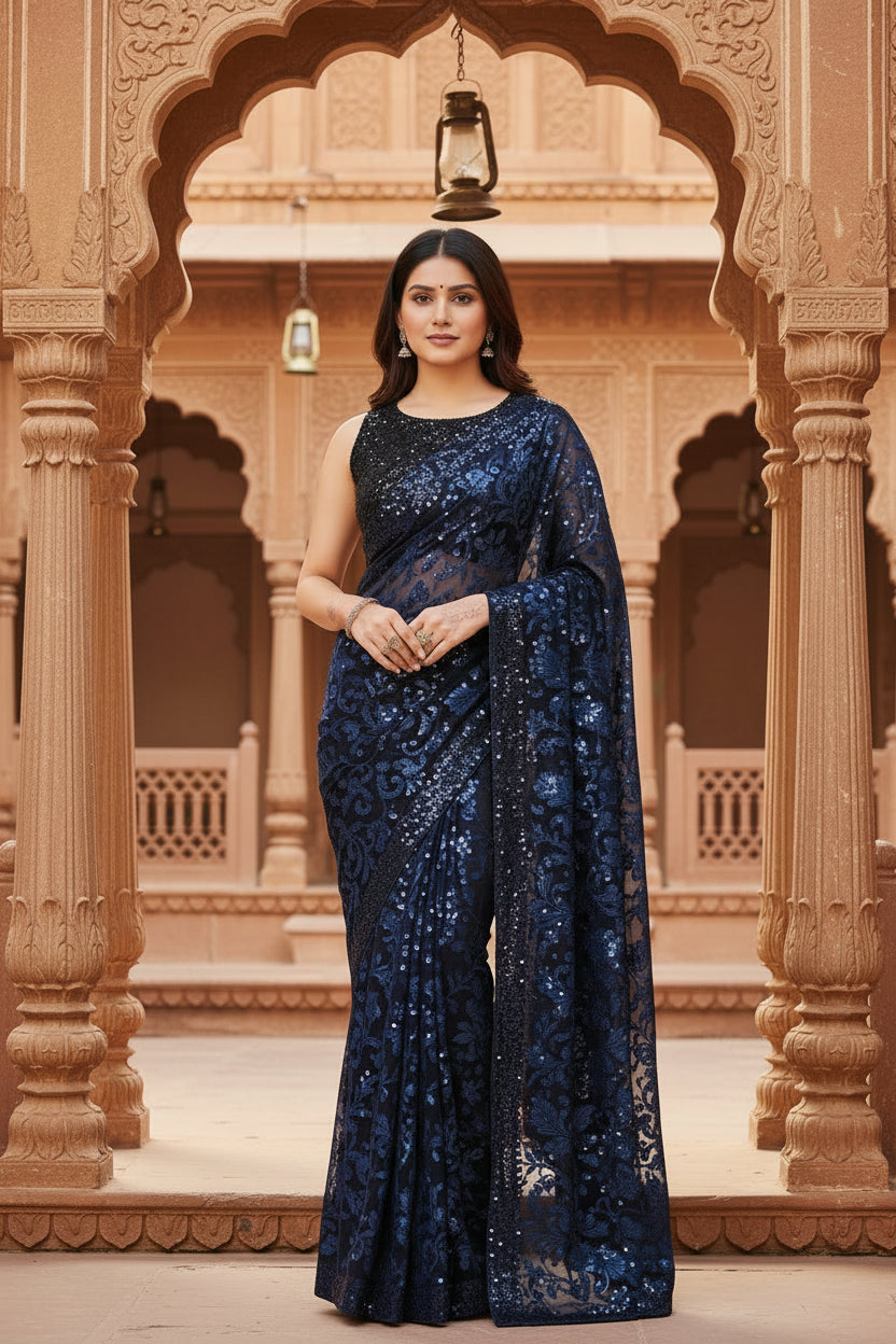 Women's lycra floral saree with unstitched blouse (blue, 5