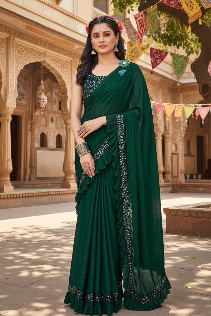 Women's Lycra Solid Saree With Unstitched Blouse (Green, 5.5 Mtr) Kashvii