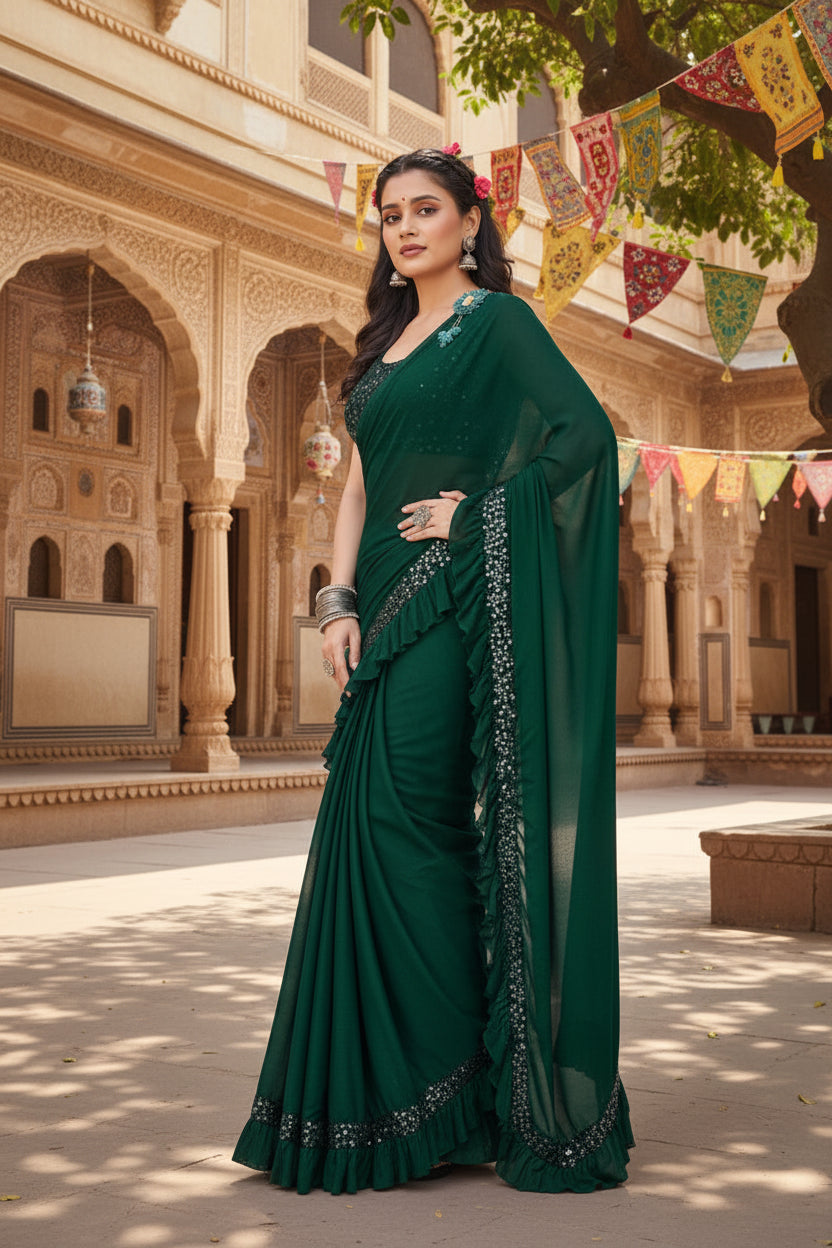 Women's Lycra Solid Saree With Unstitched Blouse (Green, 5.5 Mtr)