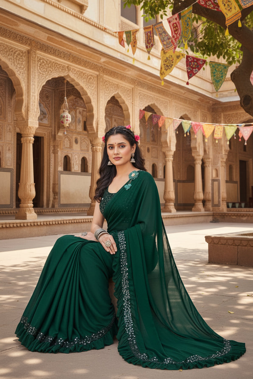 Women's Lycra Solid Saree With Unstitched Blouse (Green, 5.5 Mtr) Kashvii