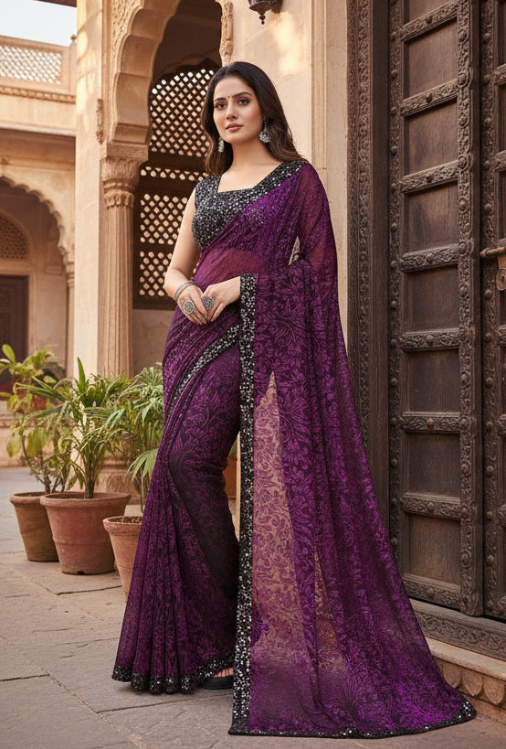 Women's lycra floral saree with unstitched blouse (wine, 5