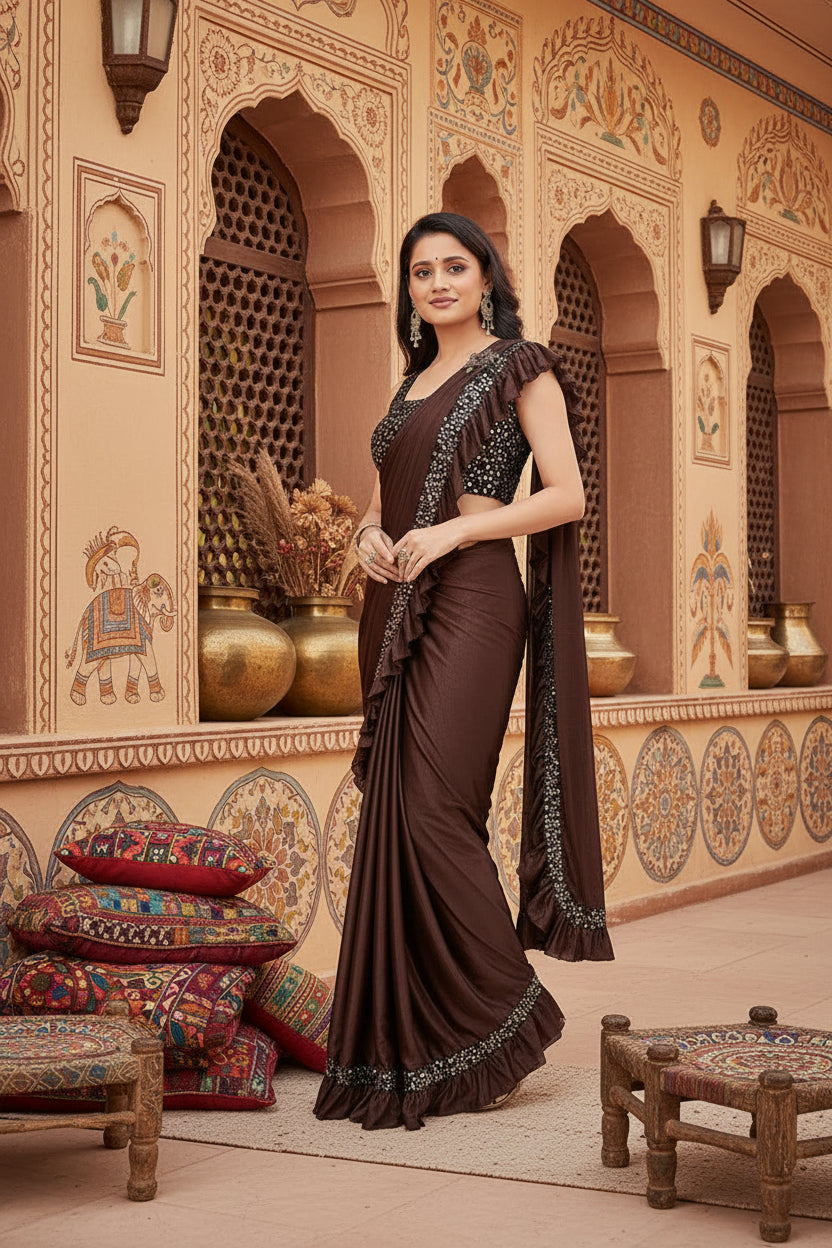 Women's Lycra Solid Saree With Unstitched Blouse (Brown, 5.5 Mtr) Kashvii