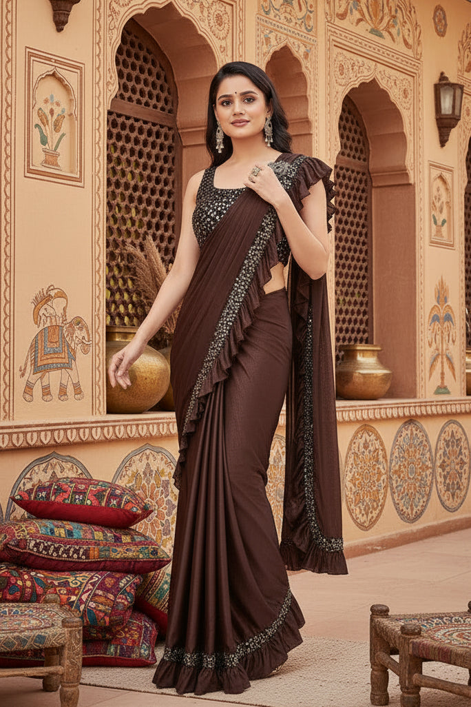 Women's Lycra Solid Saree With Unstitched Blouse (Brown, 5.5 Mtr)