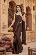 Load image into Gallery viewer, Women's Lycra Solid Saree With Unstitched Blouse (Brown, 5.5 Mtr)
