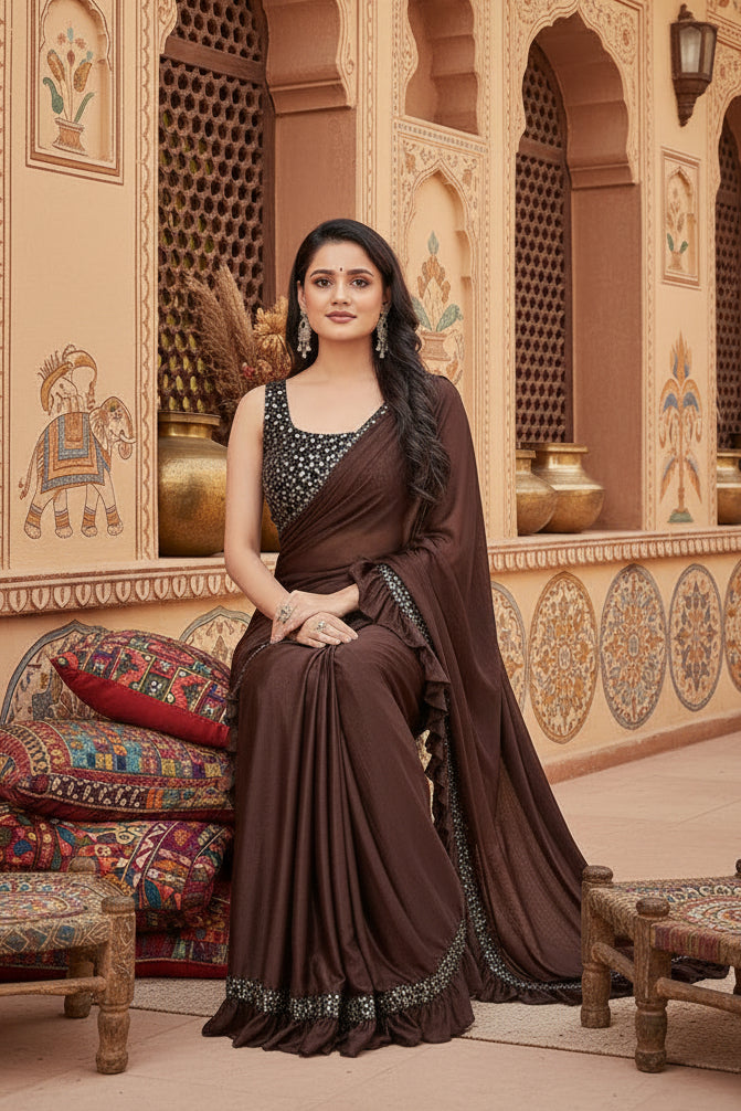 Women's Lycra Solid Saree With Unstitched Blouse (Brown, 5.5 Mtr) Kashvii