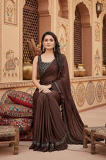 Load image into Gallery viewer, Women's Lycra Solid Saree With Unstitched Blouse (Brown, 5.5 Mtr) Kashvii
