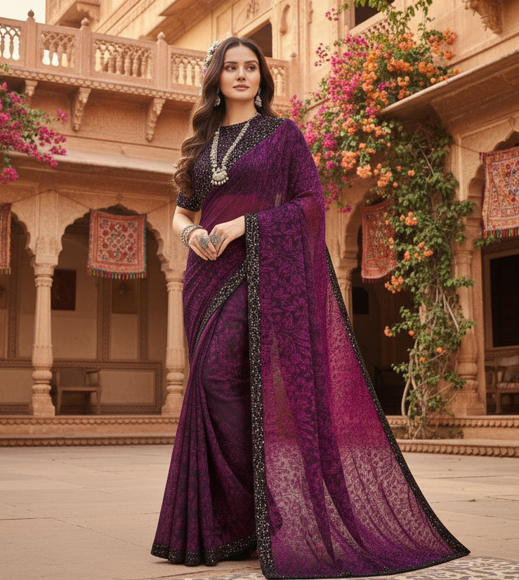 Women's lycra floral saree with unstitched blouse (wine, 5