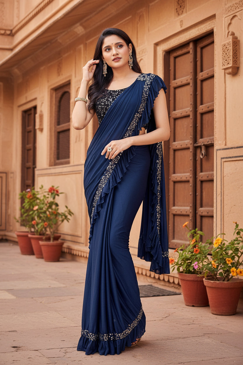 Women's lycra solid saree with unstitched blouse (nay blue, 5