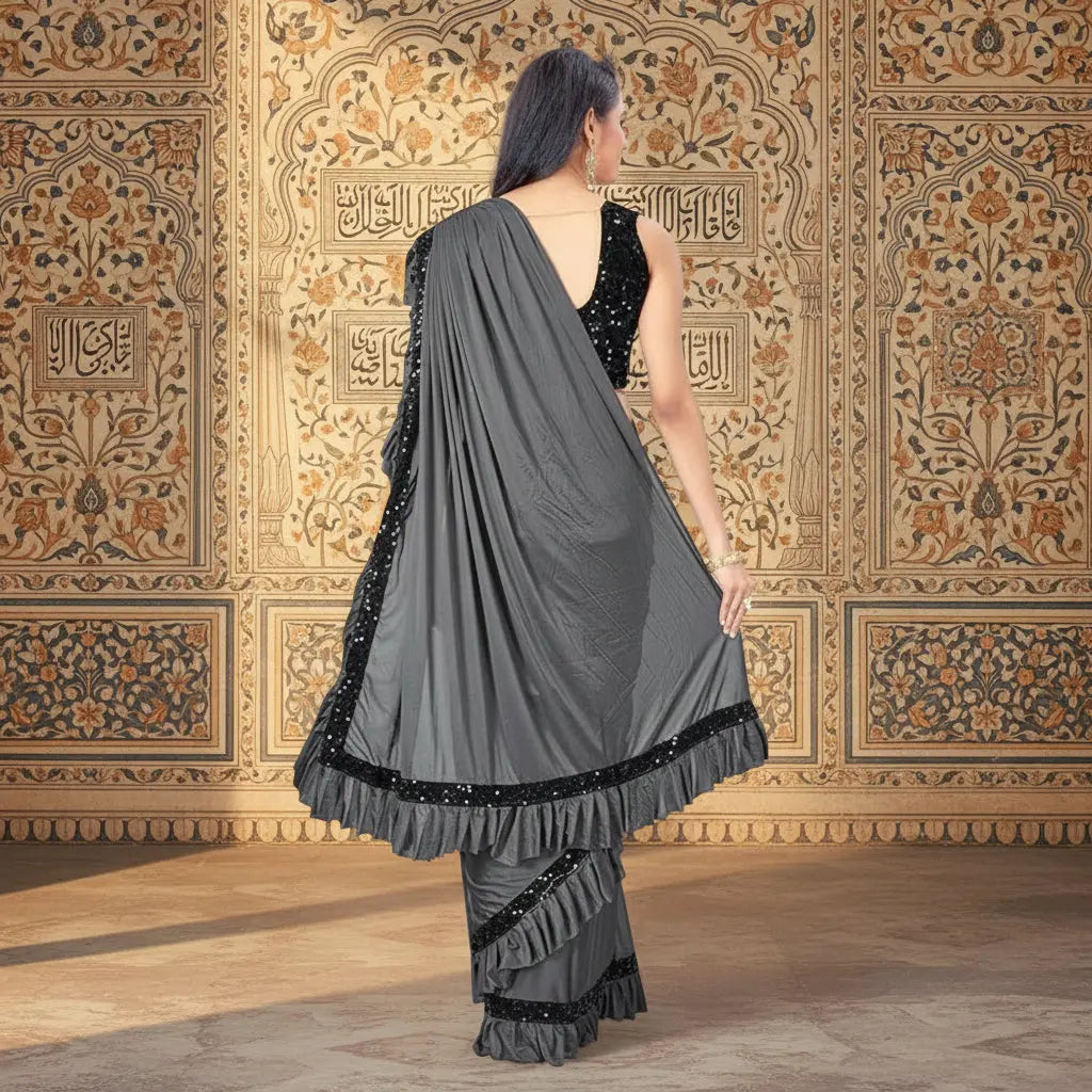 Women's Lycra Solid Saree With Unstitched Blouse (Grey, 5.5 Mtr) Kashvii