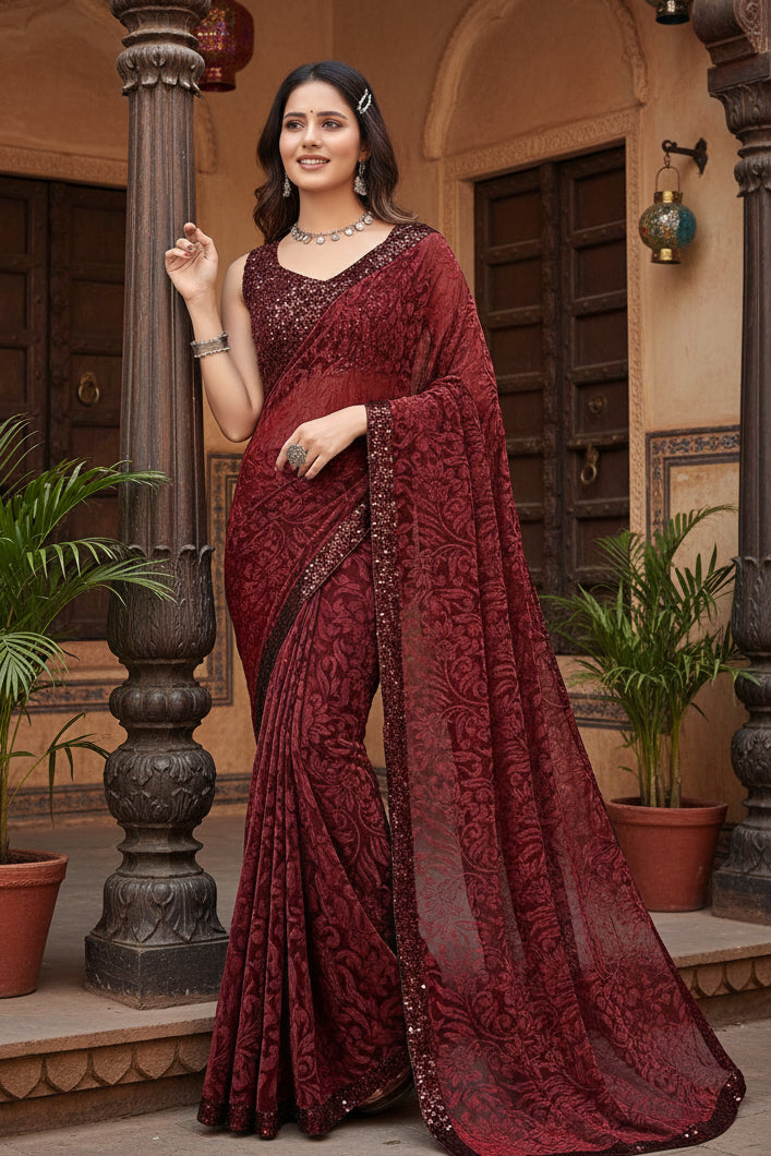 Women's Lycra Floral Saree With Unstitched Blouse (Maroon, 5.5 Mtr) Kashvii