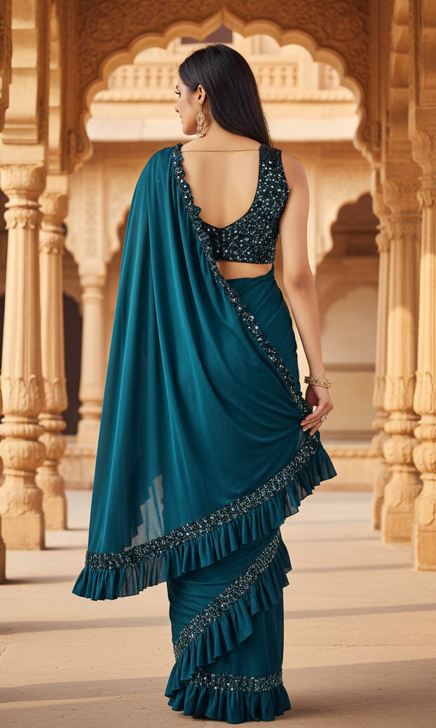 Women's Lycra Solid Saree With Unstitched Blouse (Rama, 5.5 Mtr) Kashvii