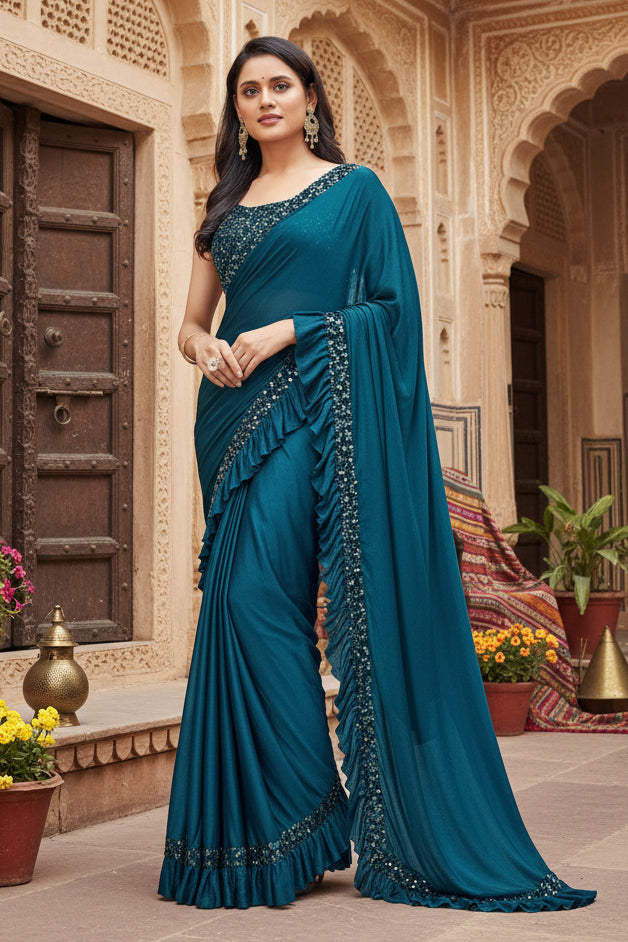 Women's lycra solid saree with unstitched blouse (rama, 5