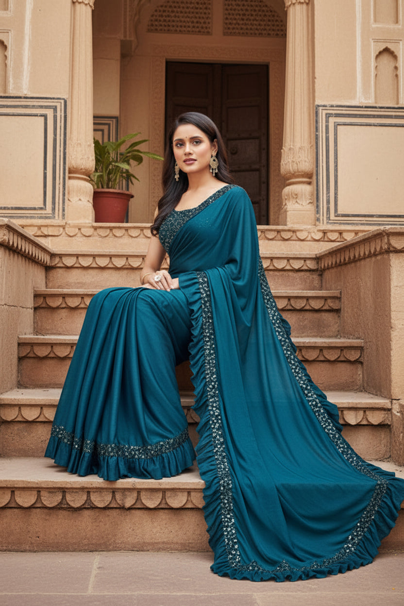 Women's Lycra Solid Saree With Unstitched Blouse (Rama, 5.5 Mtr) Kashvii