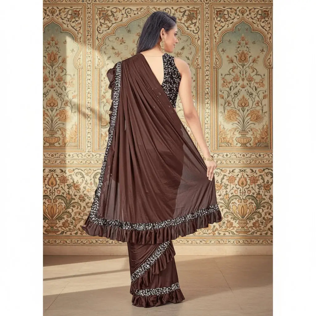 Women's Lycra Solid Saree With Unstitched Blouse (Brown, 5.5 Mtr) Kashvii