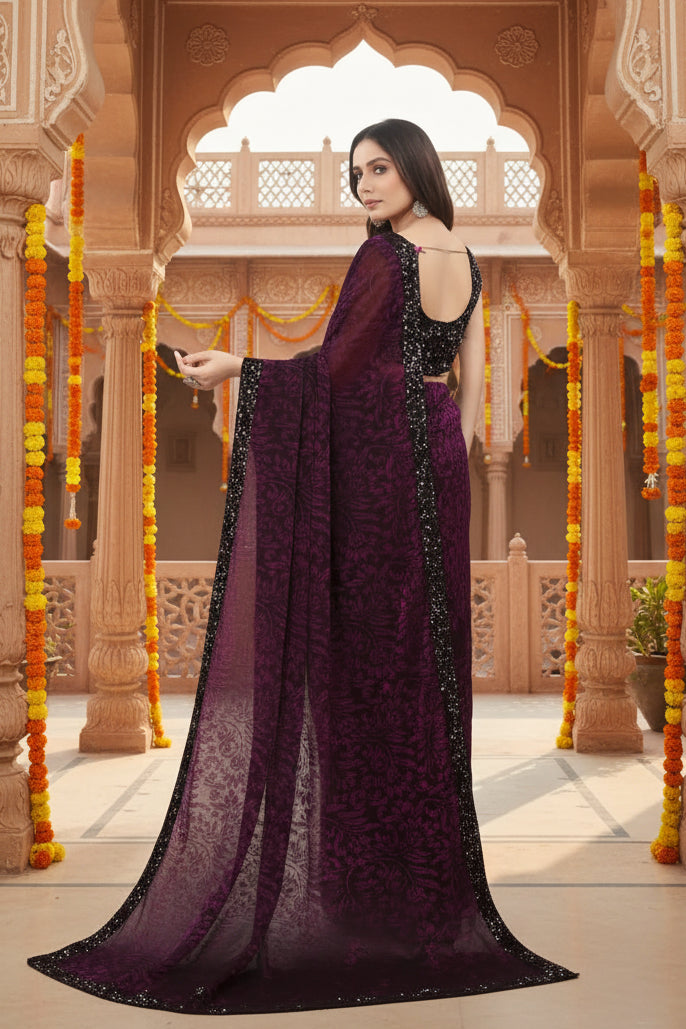 Women's Lycra Floral Saree With Unstitched Blouse (Wine, 5.5 Mtr) Kashvii