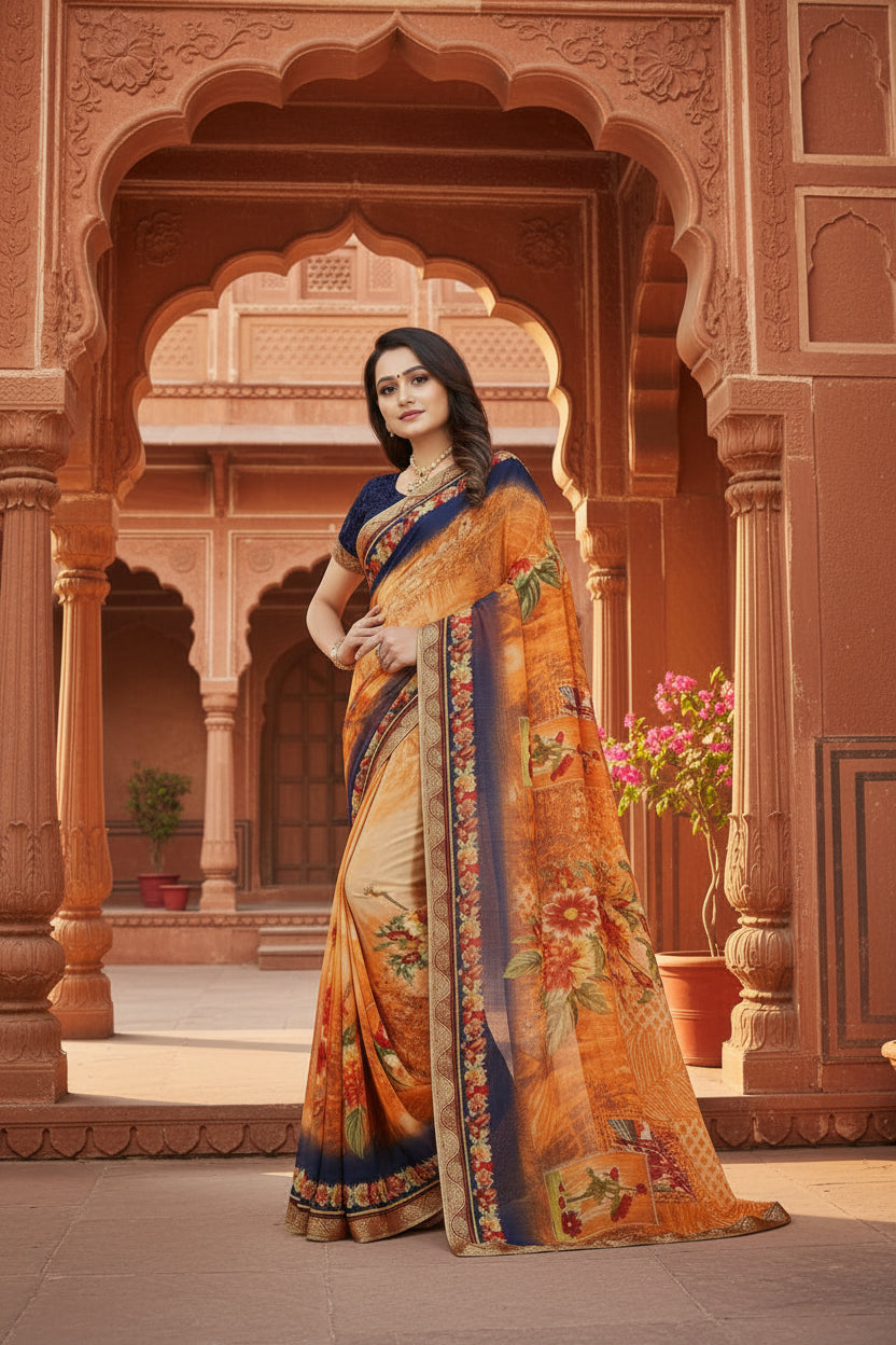 Women's Georgette Floral Print Saree With Unstitched Blouse 5.5Mtr (Blue-Orange)