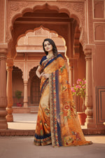 Load image into Gallery viewer, Women's Georgette Floral Print Saree With Unstitched Blouse 5.5Mtr (Blue-Orange)
