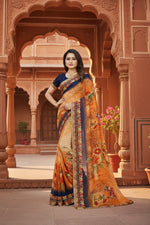 Load image into Gallery viewer, Women's Georgette Floral Print Saree With Unstitched Blouse 5.5Mtr (Blue-Orange)

