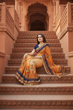 Load image into Gallery viewer, Women's Georgette Floral Print Saree With Unstitched Blouse 5.5Mtr (Blue-Orange)
