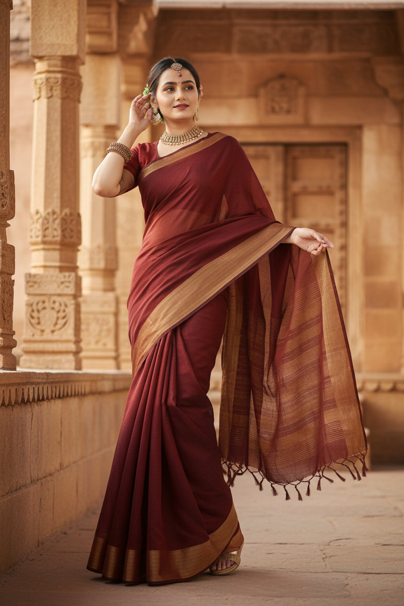 Women's cotton silk self design saree with unstitched blouse 5