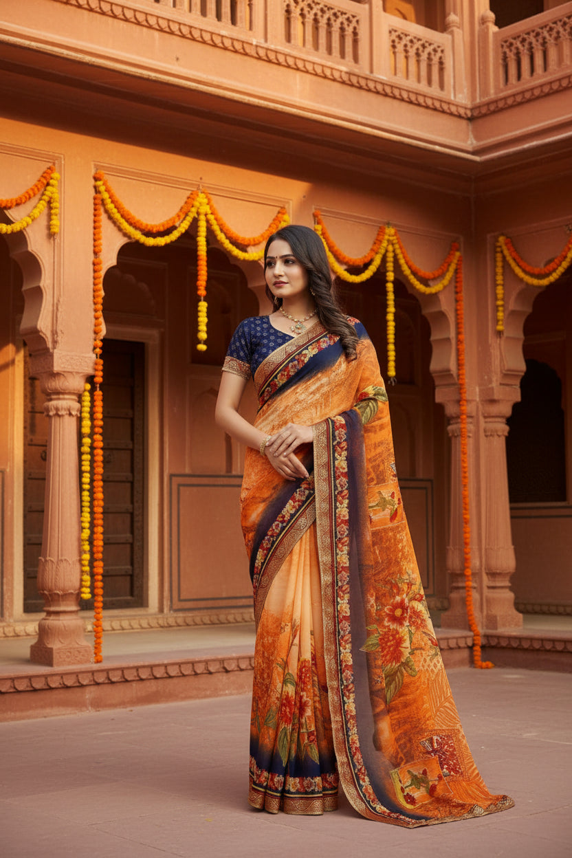 Women's Georgette Floral Print Saree With Unstitched Blouse 5.5Mtr (Blue-Orange)