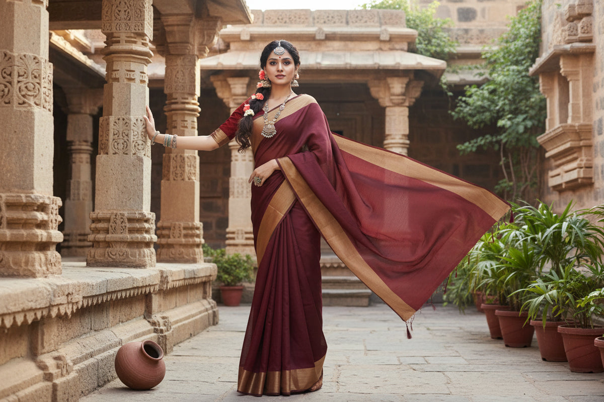 Women's cotton silk self design saree with unstitched blouse 5