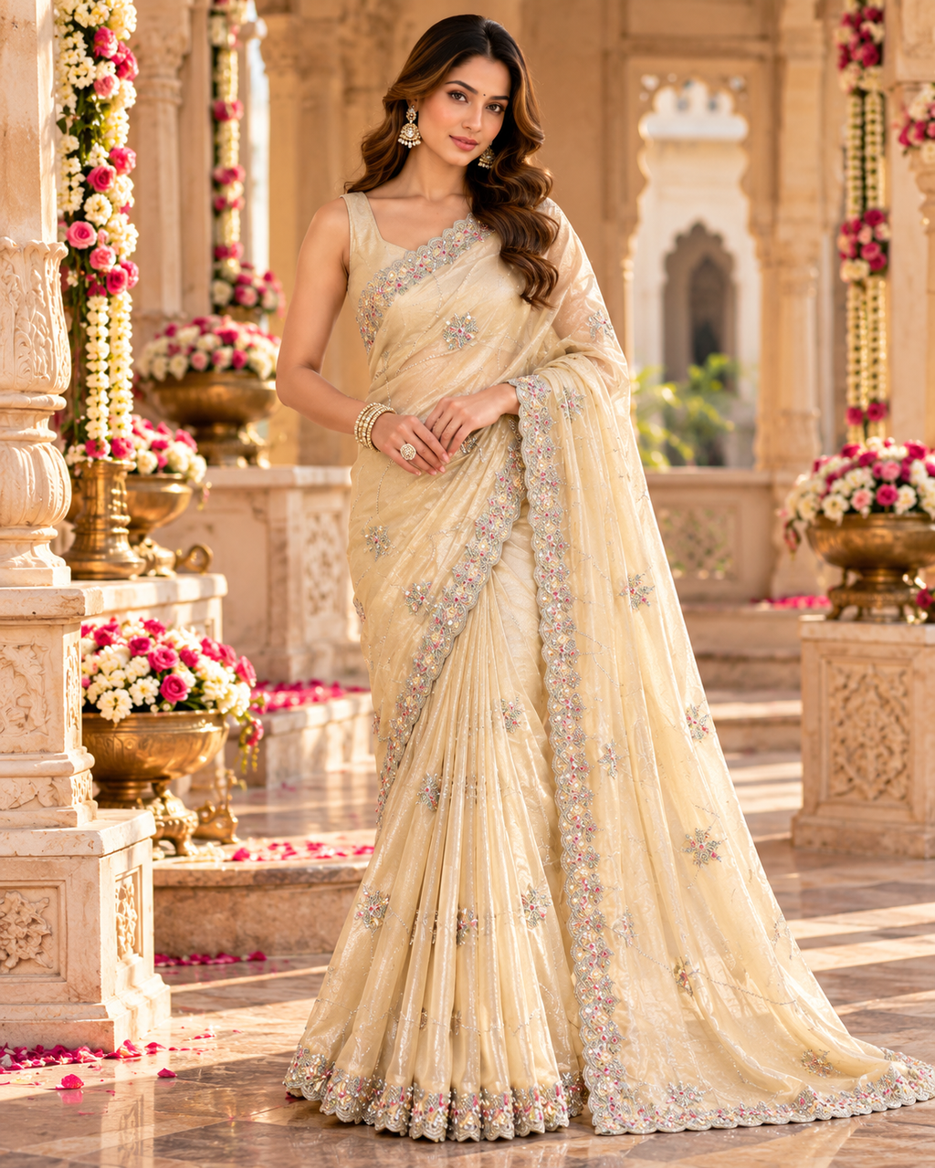 Pure Space Silk Embroidery Work Saree With Unstitched Blouse(Cream)