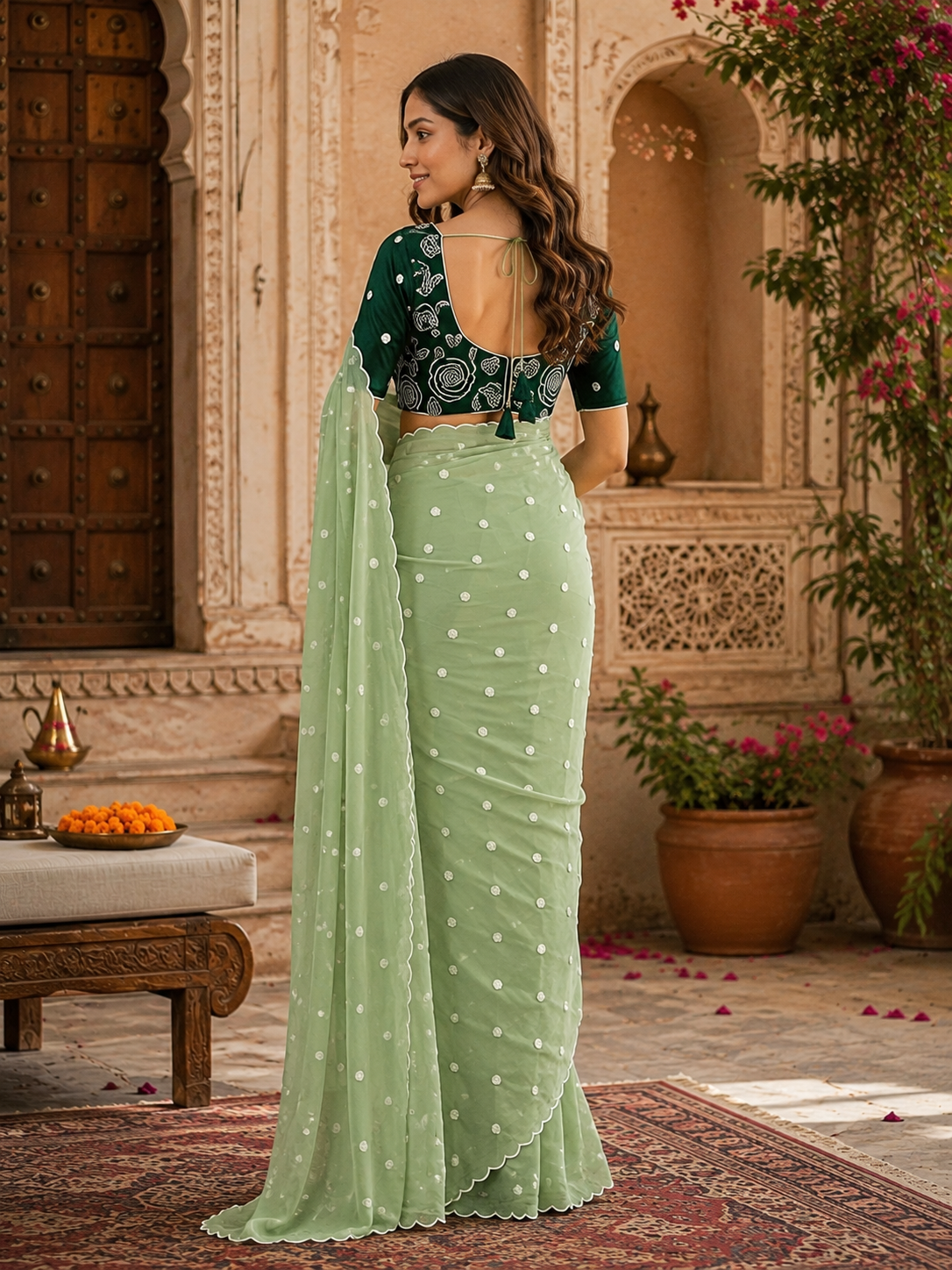 Georgette Embroidery Work Saree with Unstitched Blouse(Green)