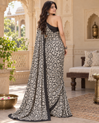 Satin Silk Printed Saree With Unstitched Blouse(White Rose)
