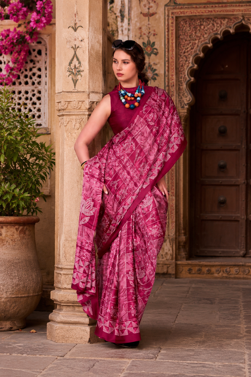 Satin Silk Designer Saree With Unstitched Blouse(Pink)