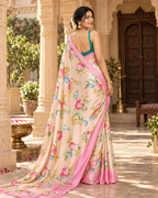 Satin Silk Floral Print Saree With Unstitched Blouse(Cream)