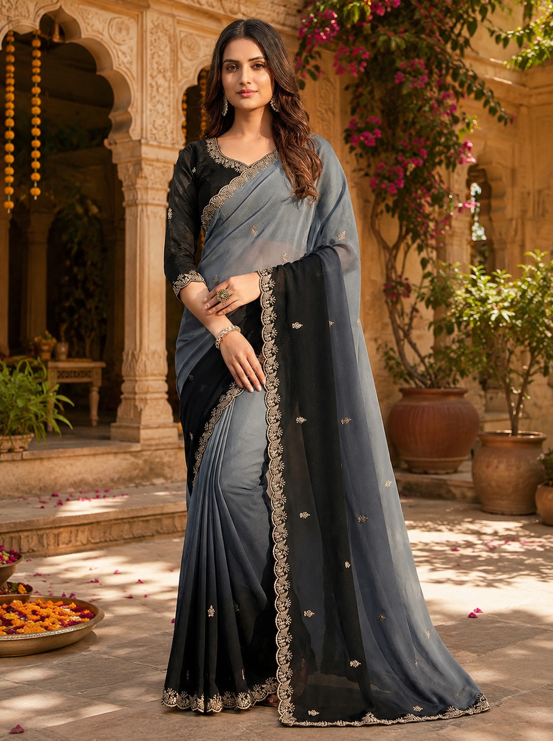 Georgette Border Work Saree With Unstitched Blouse(Grey)
