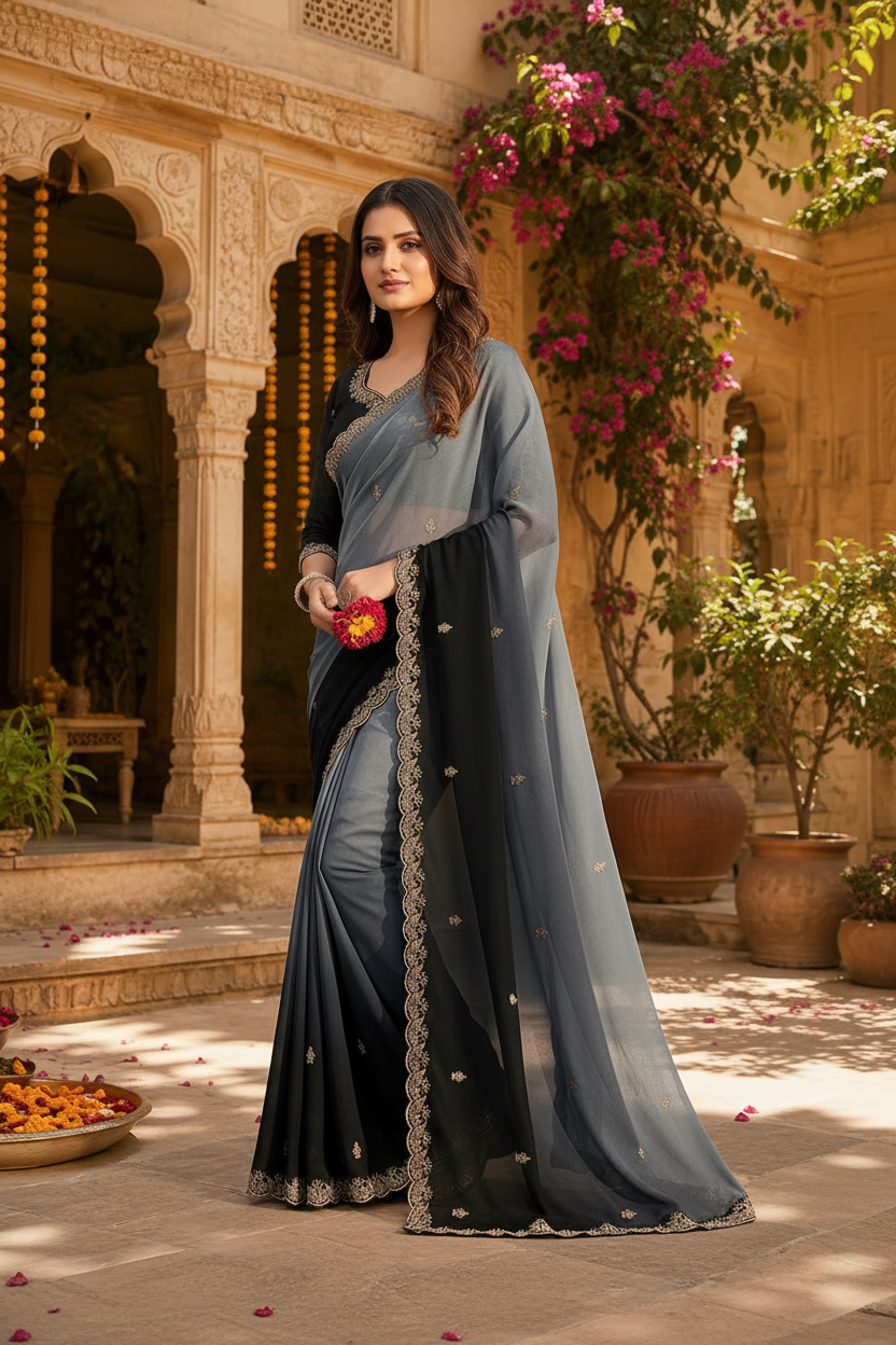 Georgette Border Work Saree With Unstitched Blouse(Grey)