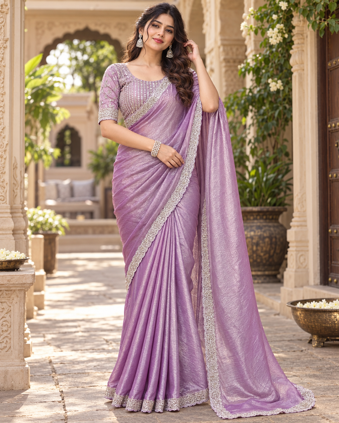 Chiffon Designer Saree With Unstitched Blouse(Purple)