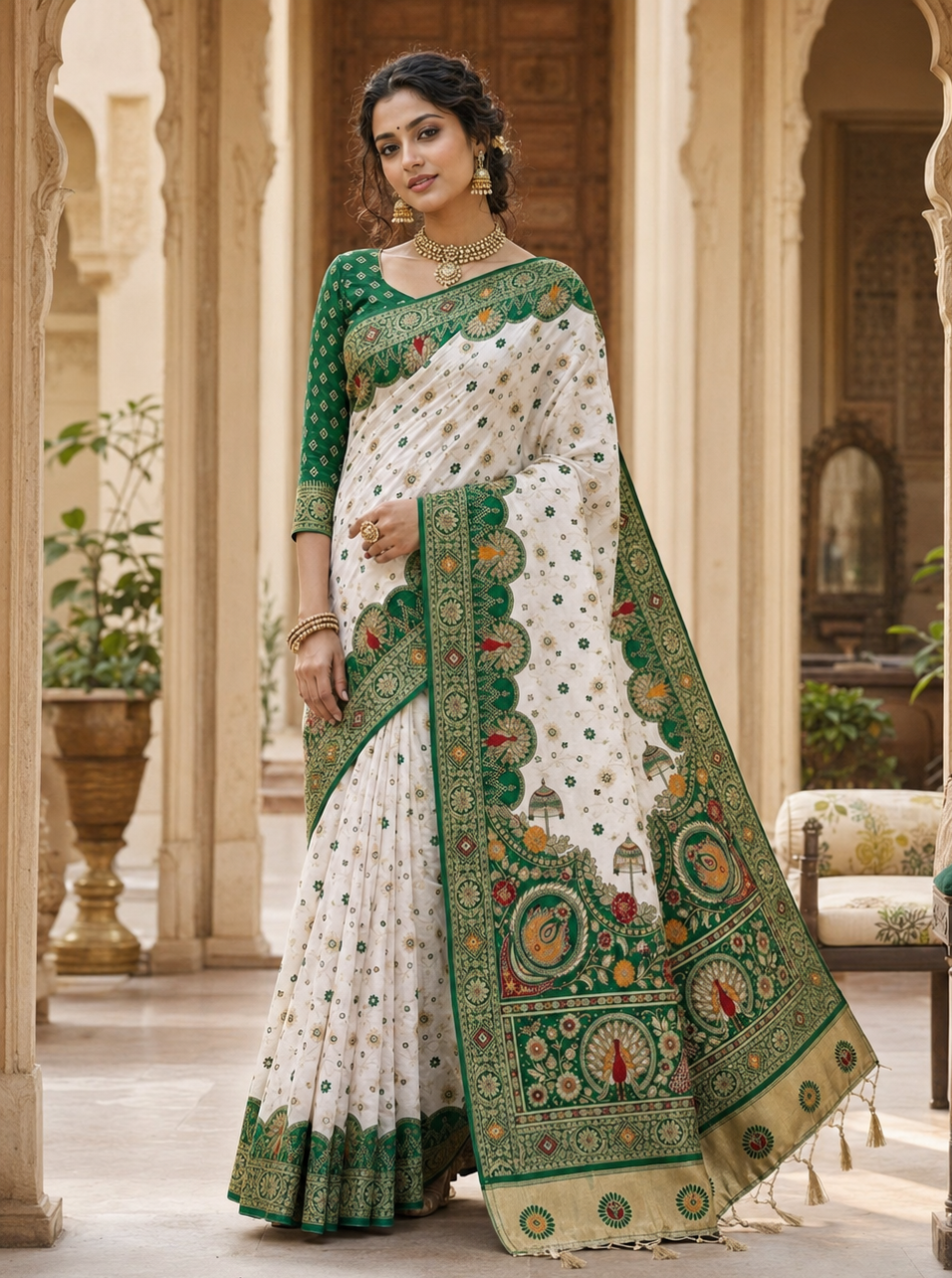 Premium Gota Silk Saree With Unstitched Blouse(Green)
