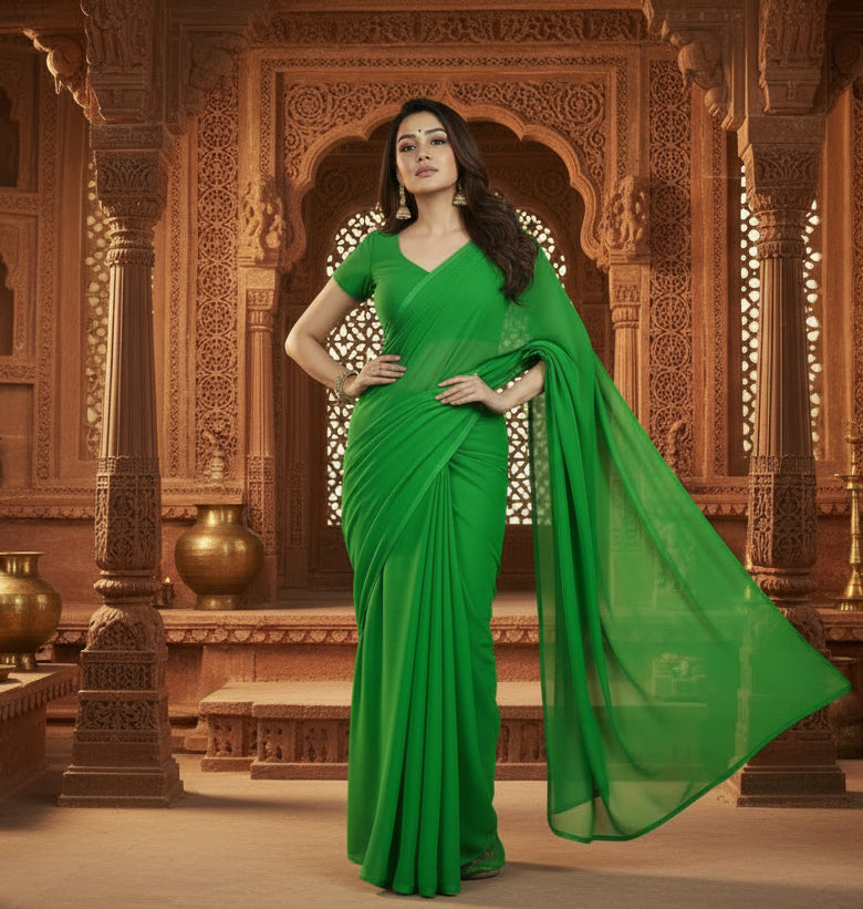 Women's Georgette Plain Saree With Blouse (Dark Green, 5-6 Mtrs) Kashvii