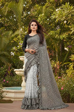 Load image into Gallery viewer, Women's Silk With Mirror Lace Solid Saree With Unstitched Blouse (Grey, 5-5 Mtrs)
