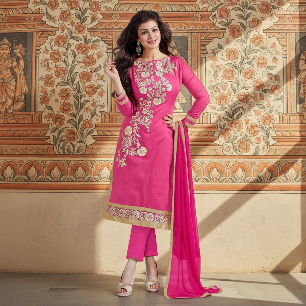 Women's chanderi unstitched salwar suit material with dupatta (pink,2 mtrs) kashvii