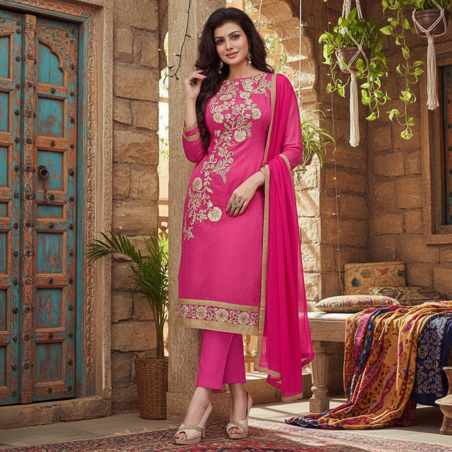 Women's Chanderi Unstitched Salwar Suit-Material With Dupatta (Pink,2 Mtrs) Kashvii