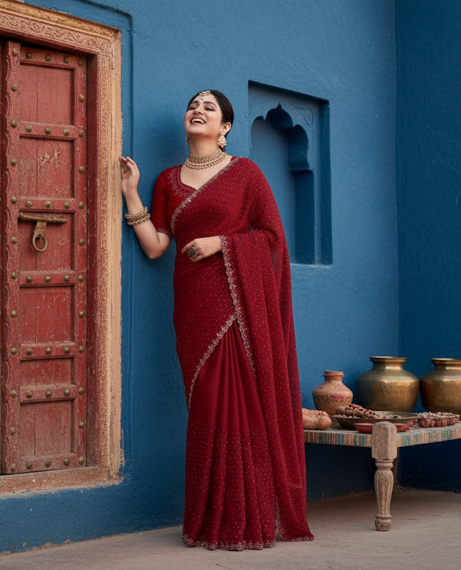 Women's Georgette Satin Silk Saree With Unstitched Blouse 5.5Mtr (Red) Kashvii