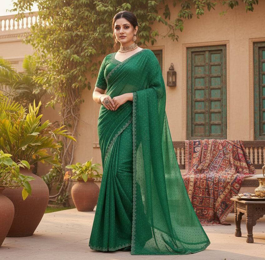 Women's Georgette Satin Silk Saree With Unstitched Blouse 5.5Mtr (Green) Kashvii