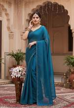 Load image into Gallery viewer, Women's Georgette Satin Silk Saree With Unstitched Blouse 5.5Mtr (Blue) Kashvii
