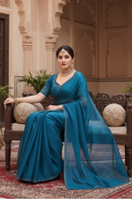 Load image into Gallery viewer, Women's Georgette Satin Silk Saree With Unstitched Blouse 5.5Mtr (Blue) Kashvii
