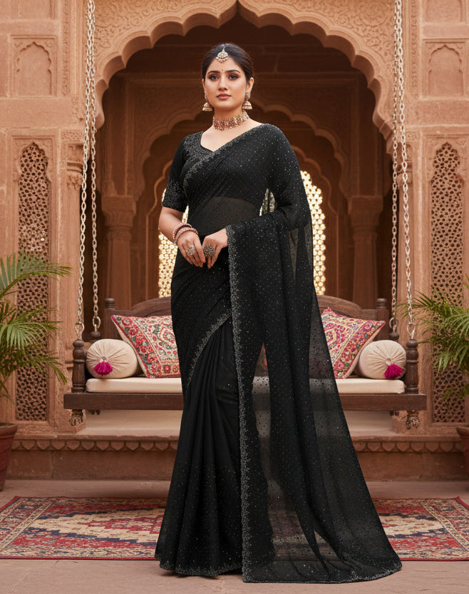 Women's Georgette Satin Silk Saree With Unstitched Blouse 5.5Mtr (Black) Kashvii