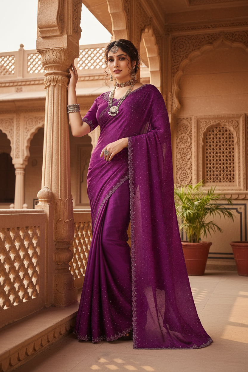 Women's Georgette Satin Silk Saree With Unstitched Blouse 5.5Mtr (Wine) Kashvii