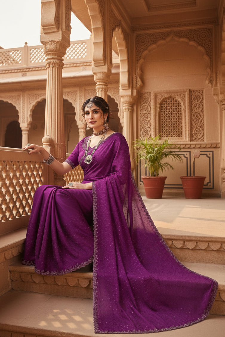 Women's Georgette Satin Silk Saree With Unstitched Blouse 5.5Mtr (Wine) Kashvii