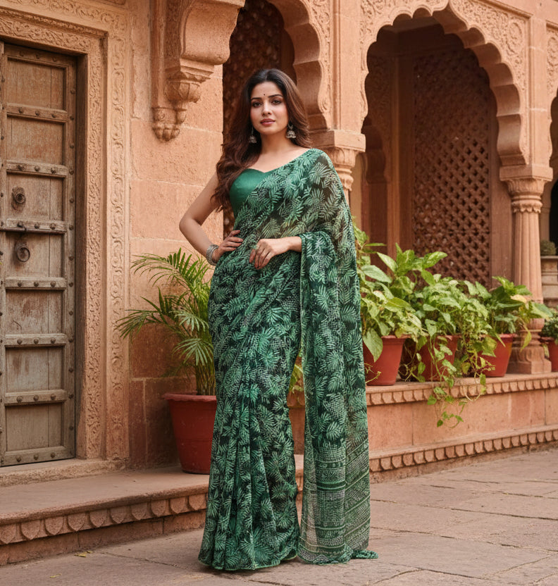 Women's georgette printed saree with unstitched blouse 5