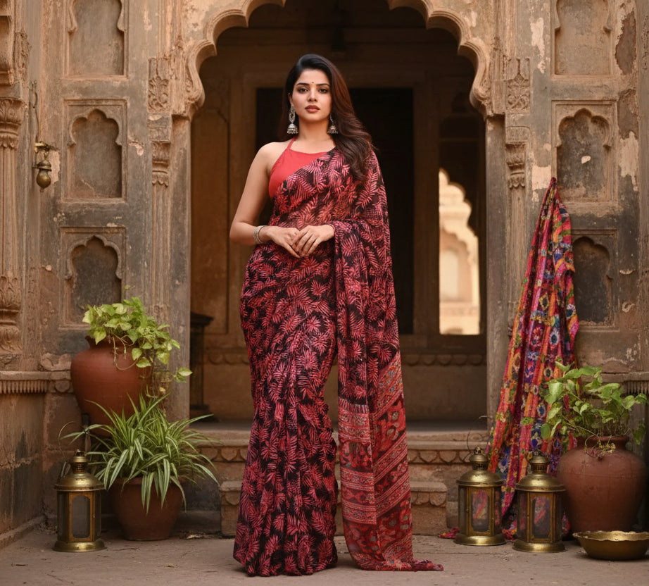 Women's georgette printed saree with unstitched blouse 5